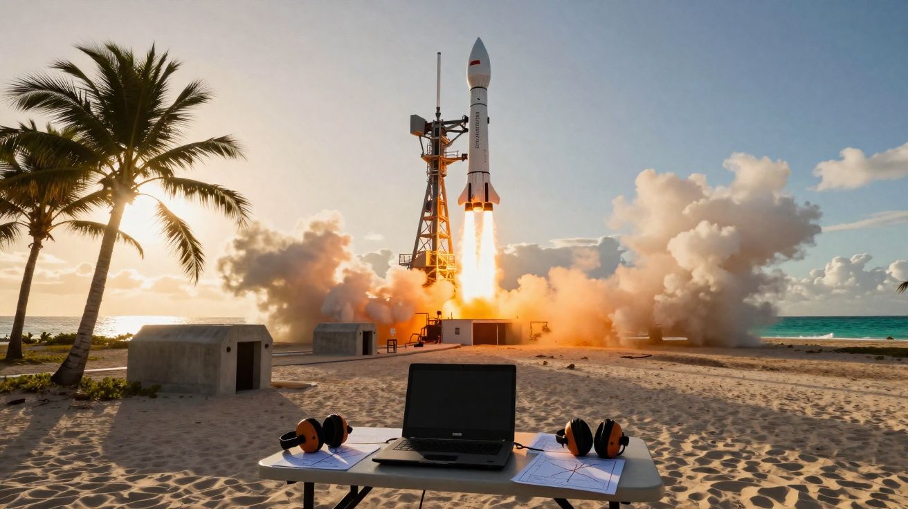 Foguete decolando em praia com mesa, notebook e protetores auriculares em primeiro plano ao pôr do sol.