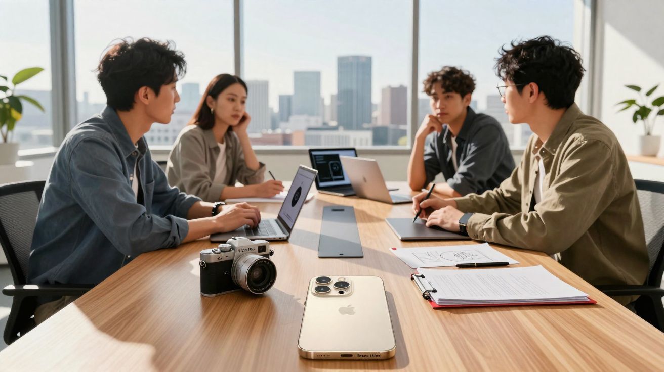 Quatro jovens reunidos em mesa de reunião com laptops, câmera e celular em escritório moderno com vista urbana.