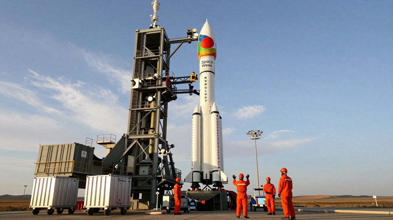 Foguete pronto para lançamento com equipe vestindo macacões laranja ao redor na plataforma sob céu azul.