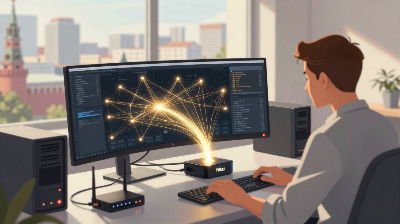 Homem trabalhando em computador com gráficos de conexões brilhantes em tela curva em ambiente de escritório moderno.