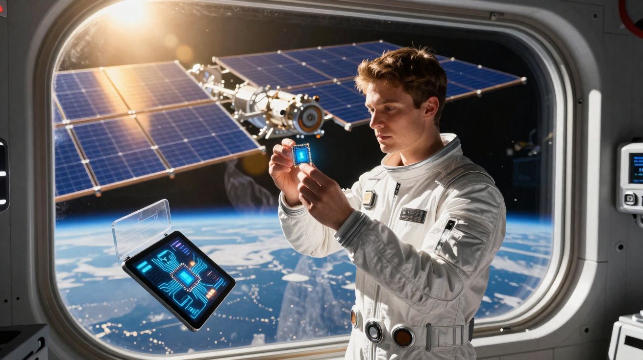 Astronauta dentro de nave espacial segurando chip eletrônico com satélite e Terra ao fundo.
