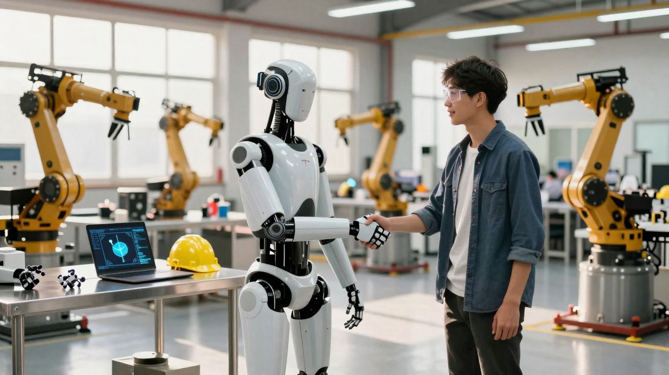 Homem e robô apertando as mãos em laboratório moderno com braços robóticos ao fundo.
