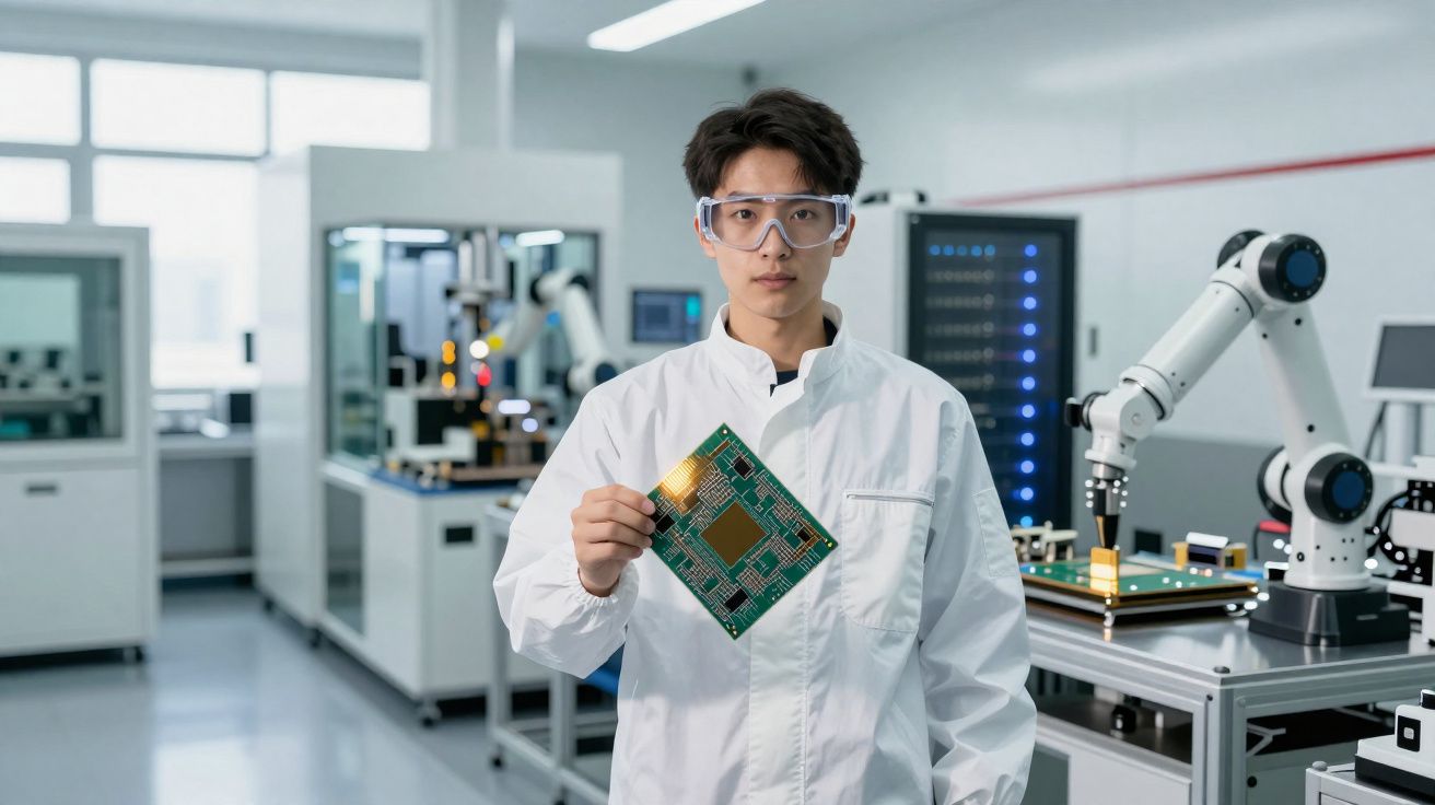 Engenheiro em laboratório segurando placa de circuito impresso com equipamentos e robô ao fundo.