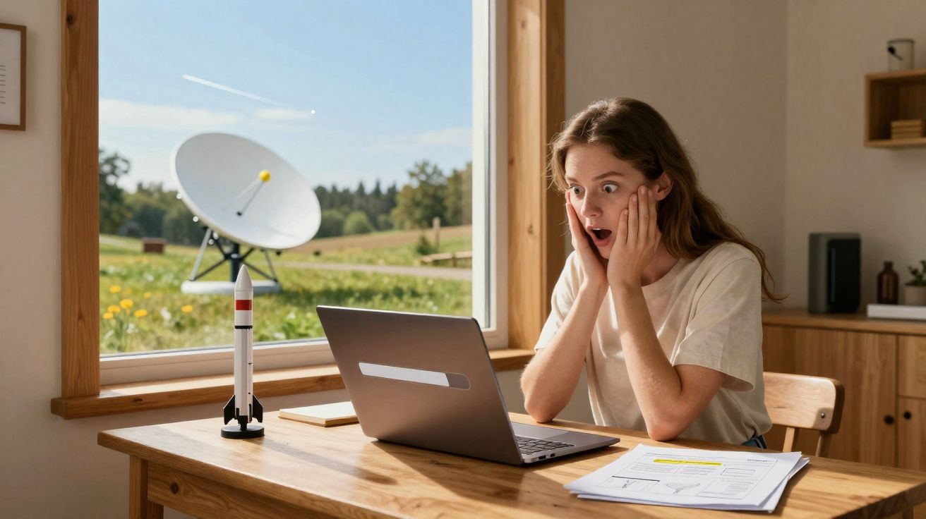 Jovem surpresa olhando para laptop em mesa, com satélite e modelo de foguete ao fundo pela janela.