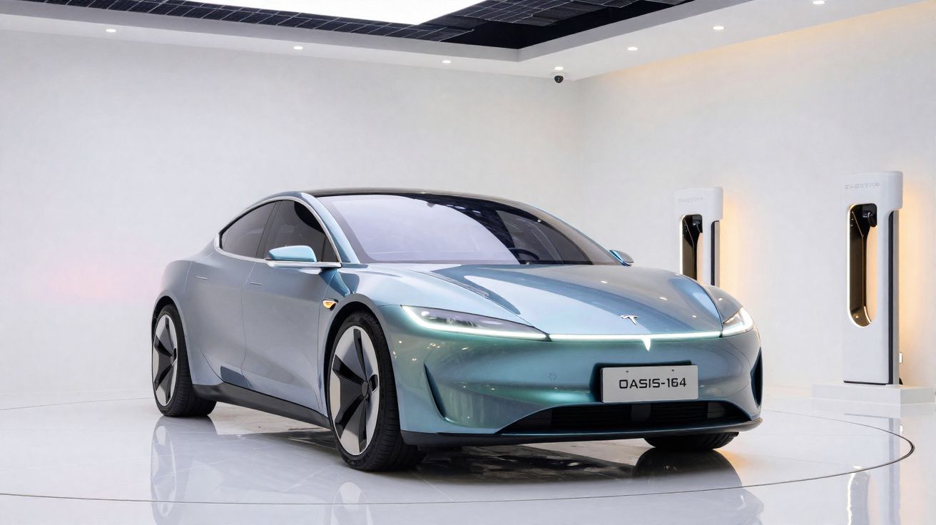 Carro elétrico Tesla azul em exposição, com dois pontos de recarga ao fundo em ambiente claro e moderno.