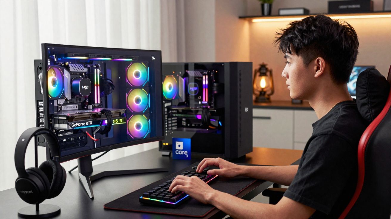 Jovem usando teclado e monitor com iluminação RGB em ambiente moderno e organizado.