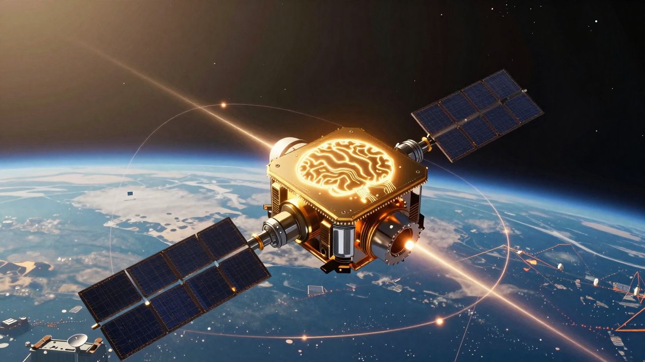 Satélite com painéis solares em órbita da Terra, com ilustração de cérebro luminoso no centro.