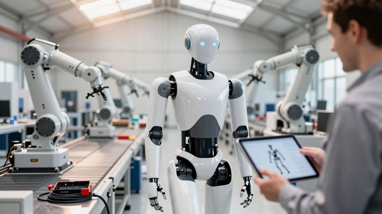 Robô humanoide branco em fábrica, homem com tablet observando e braços robóticos ao fundo.