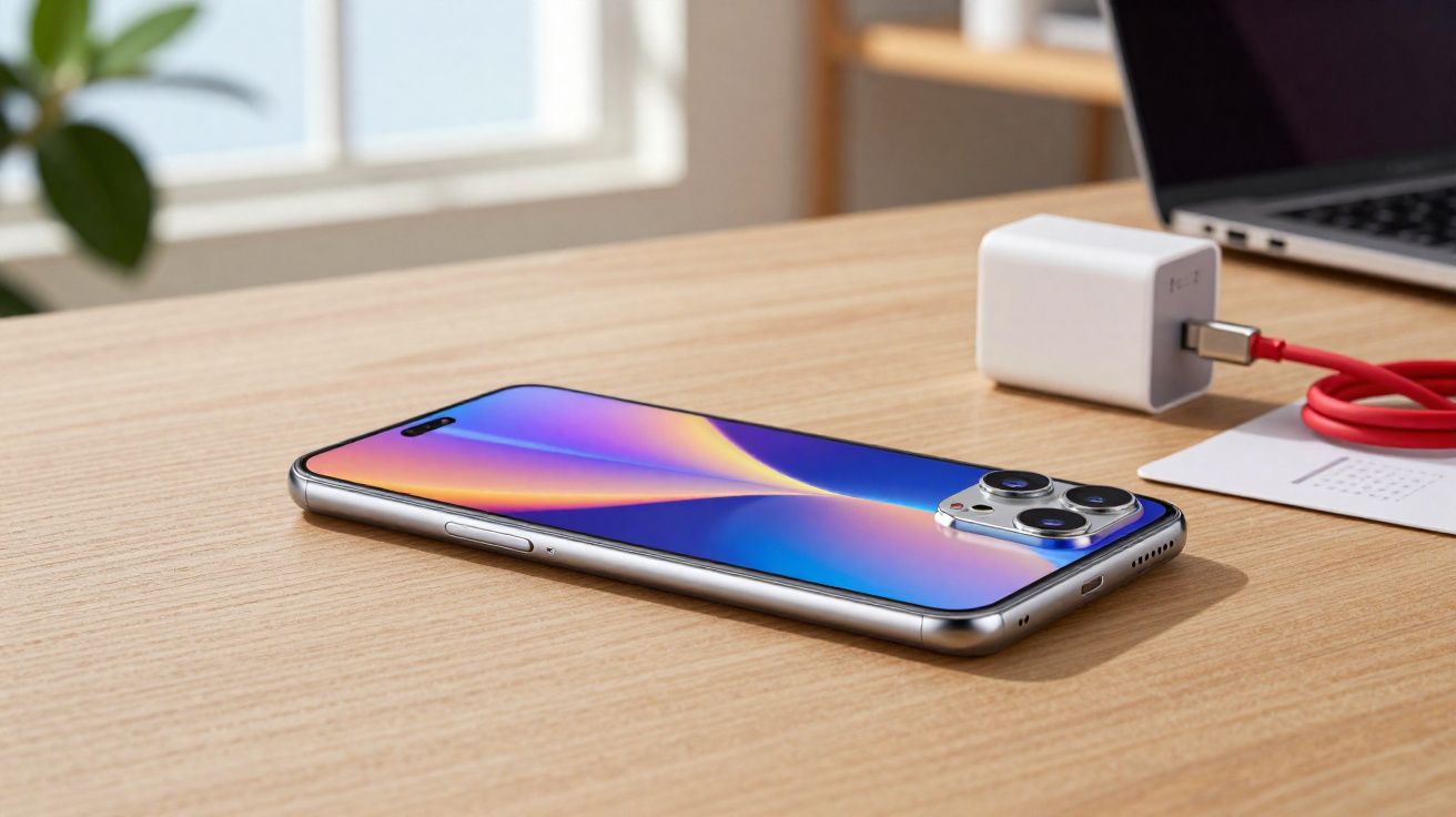 Smartphone com tela ligada em superfície de madeira, próximo a carregador branco e laptop.