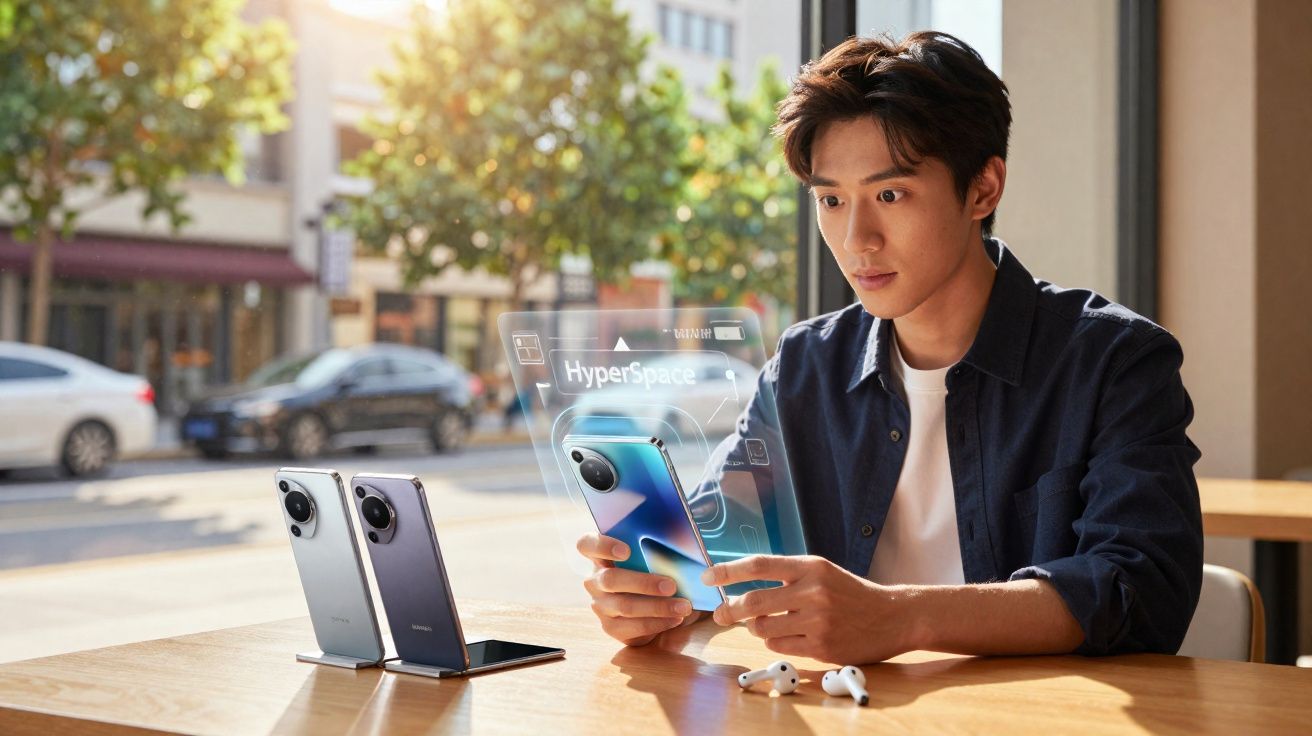 Homem sentado em mesa de madeira usando smartphone com holograma tecnológico e dois celulares apoiados.