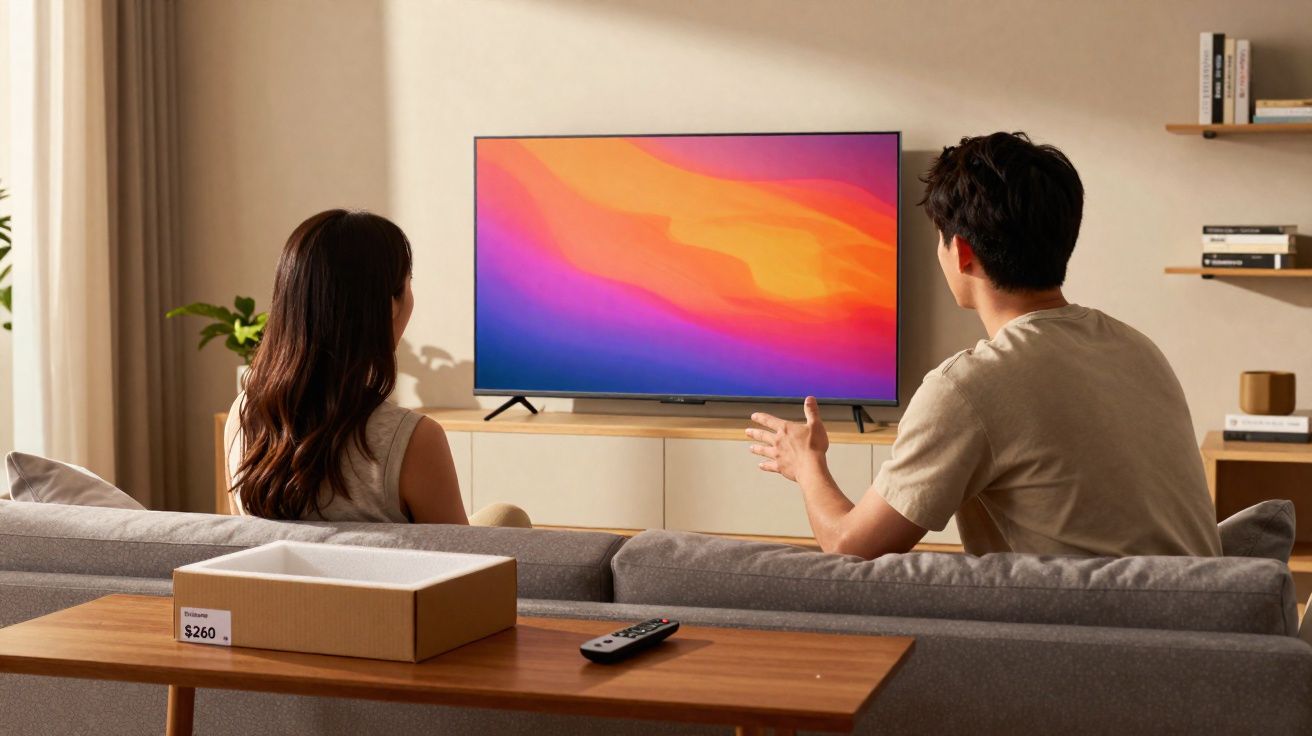 Casal sentado no sofá assistindo TV em sala moderna com controle remoto e caixa sobre a mesa.