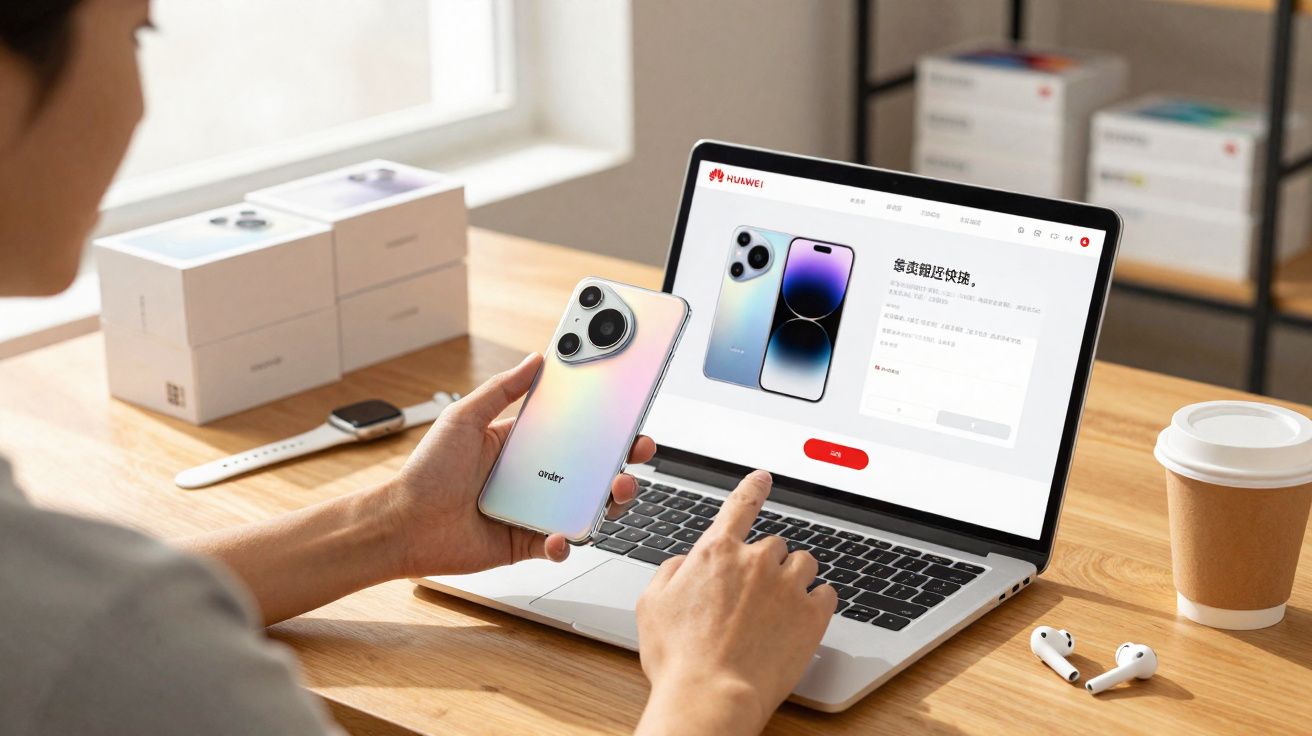 Pessoa segura smartphone Huawei enquanto acessa site de compra do celular em laptop sobre mesa com fones e café.