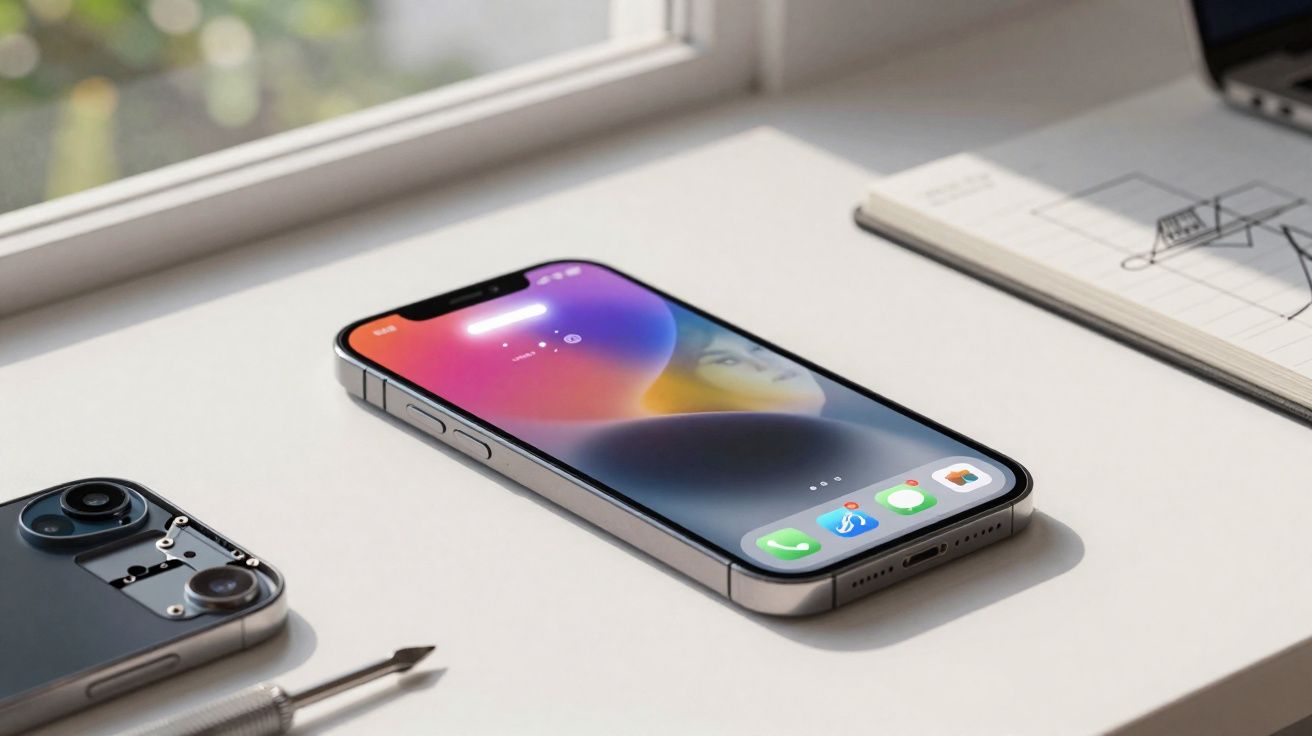 Smartphone moderno com tela colorida sobre mesa branca ao lado de outra câmera e caneta.