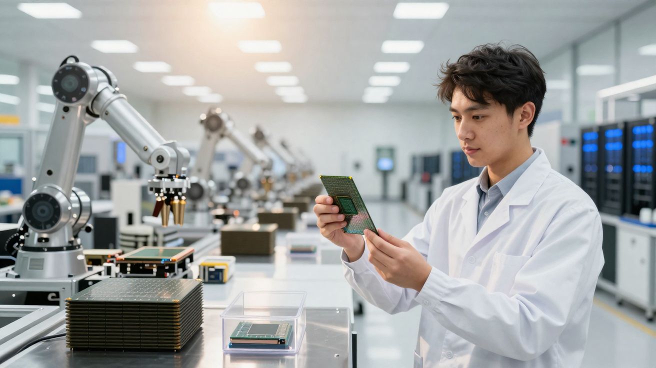 Homem em jaleco examina chip eletrônico em fábrica com braços robóticos ao fundo.