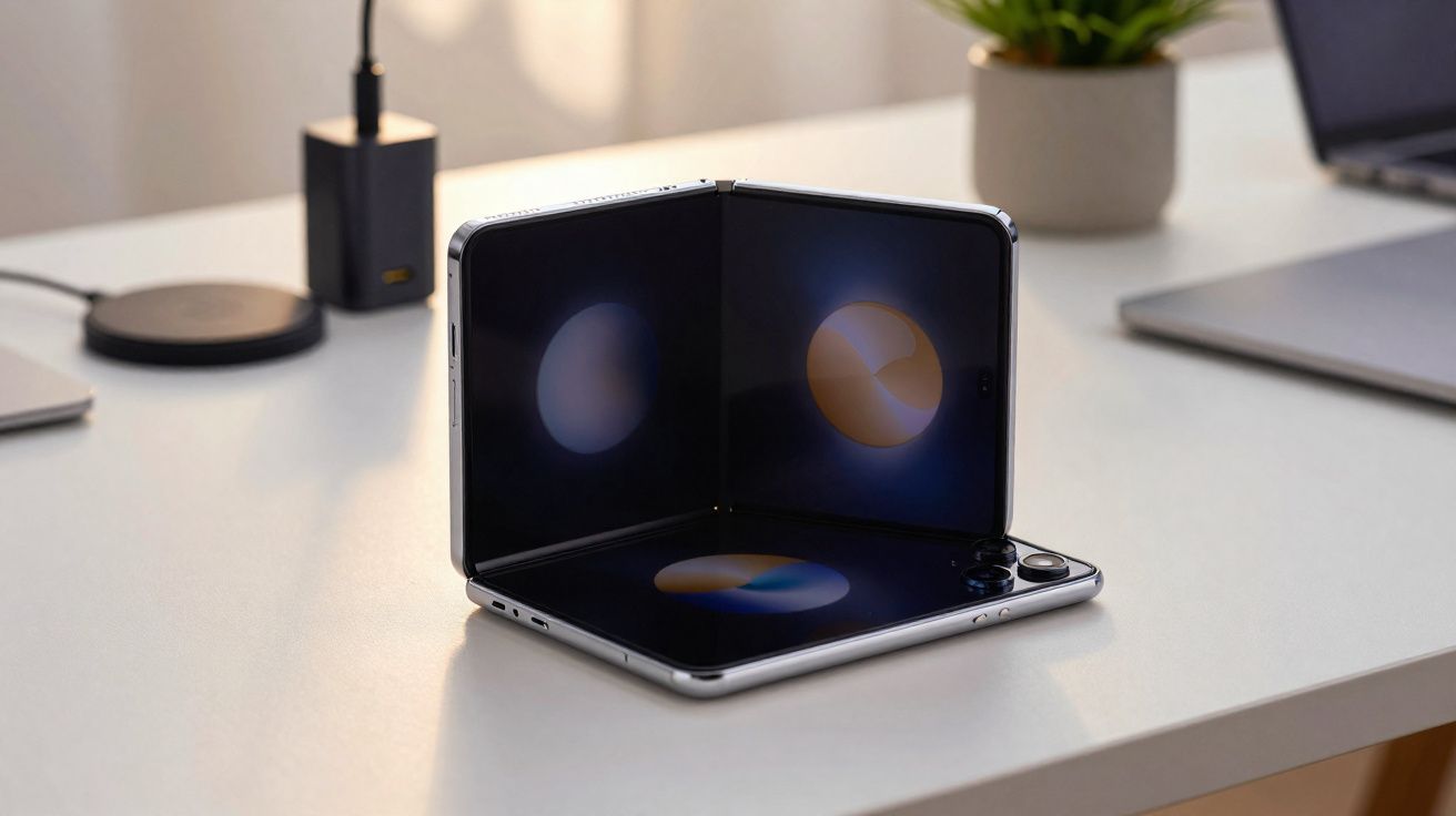 Smartphone dobrável aberto em formato de laptop sobre mesa branca com carregador e laptop ao fundo.