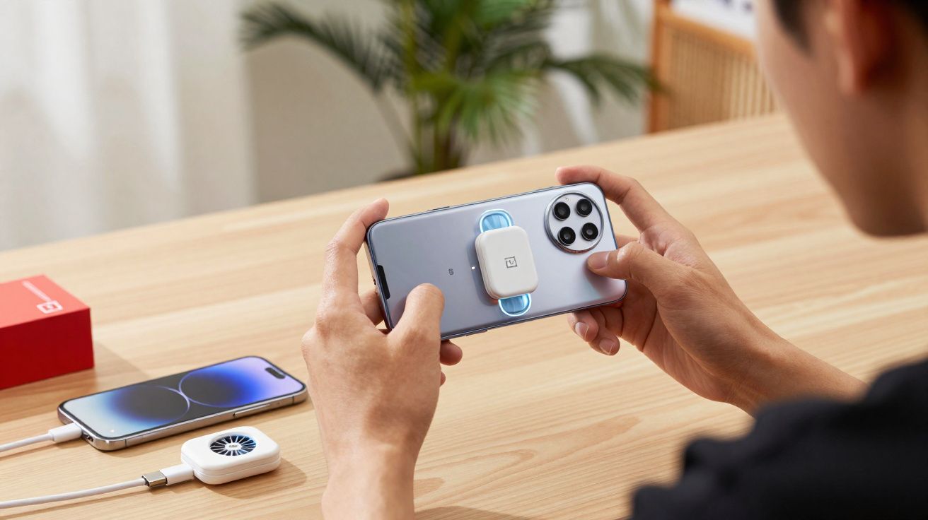 Pessoa segurando smartphone cinza com acessório branco preso na parte traseira sobre superfície de madeira com outro celular 