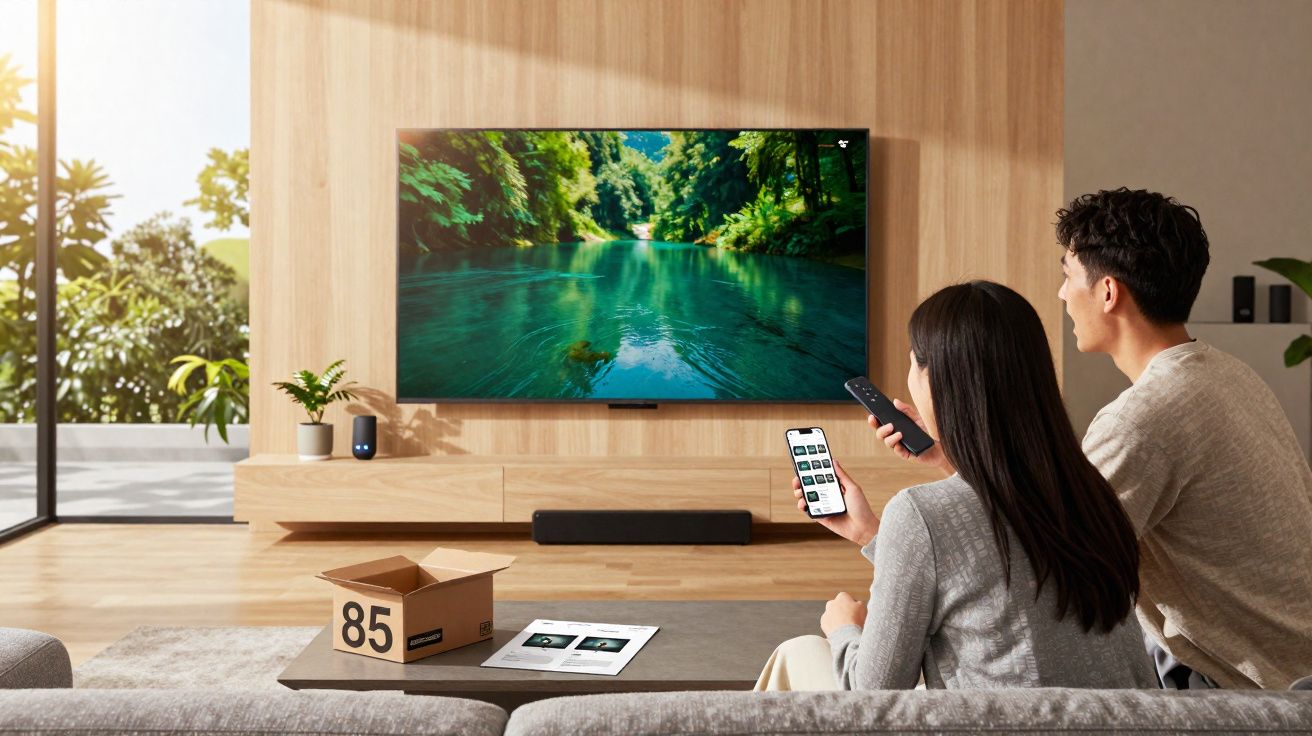 Casal assistindo TV em sala moderna com decoração clara e vista para jardim ao fundo.