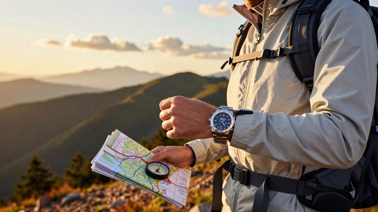 Pessoa com jaqueta cinza e mochila segurando mapa e bússola em trilha na montanha ao pôr do sol.