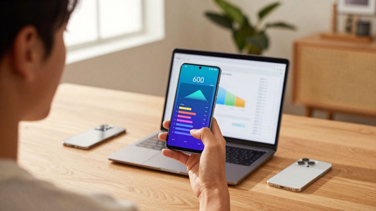 Pessoa segurando celular com gráficos financeiros, laptop e dois celulares sobre mesa de madeira.