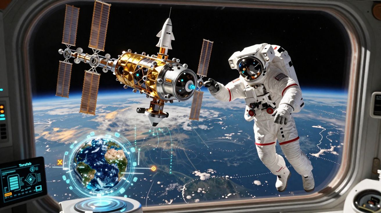 Astronauta flutuando perto de estação espacial com Terra ao fundo vista de uma janela.