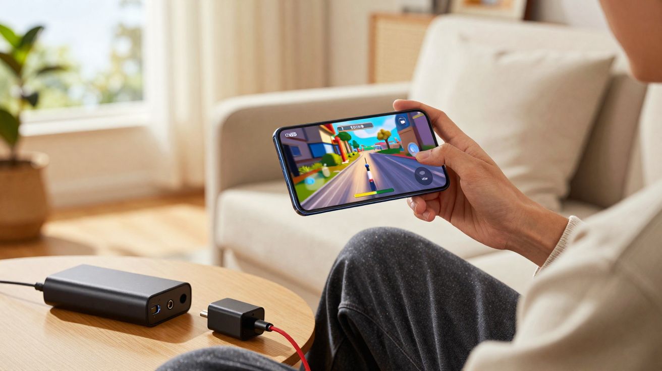 Pessoa jogando jogo de corrida em smartphone sentado em sala com mesa de madeira e carregador preto.