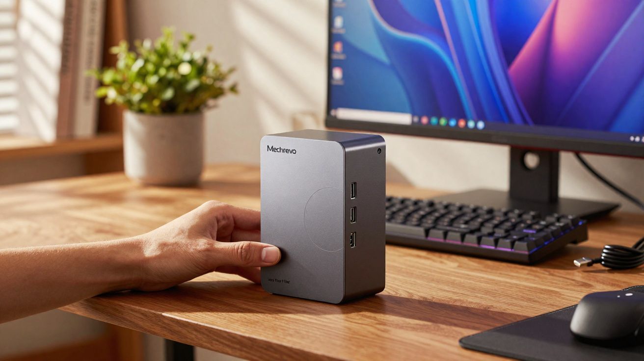 Mão segurando mini PC cinza Mechrevo sobre mesa de madeira com monitor, teclado e planta ao fundo.