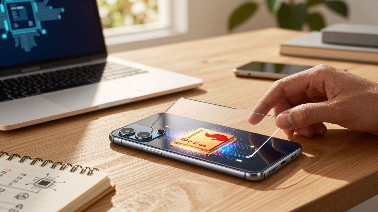 Mão segurando película protetora sobre smartphone com ilustração de chip interno, ao lado de notebook e caderno.