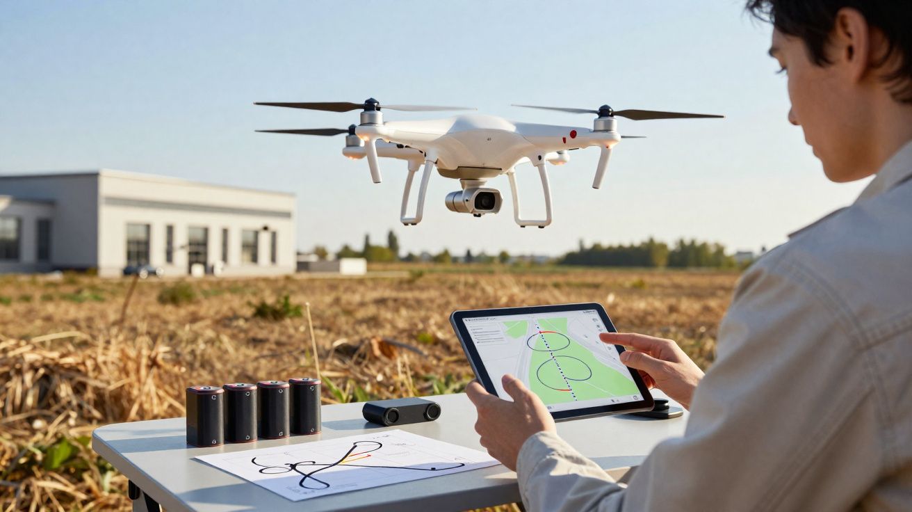 Pessoa controlando drone com tablet em campo aberto, com bateria e mapas sobre a mesa.