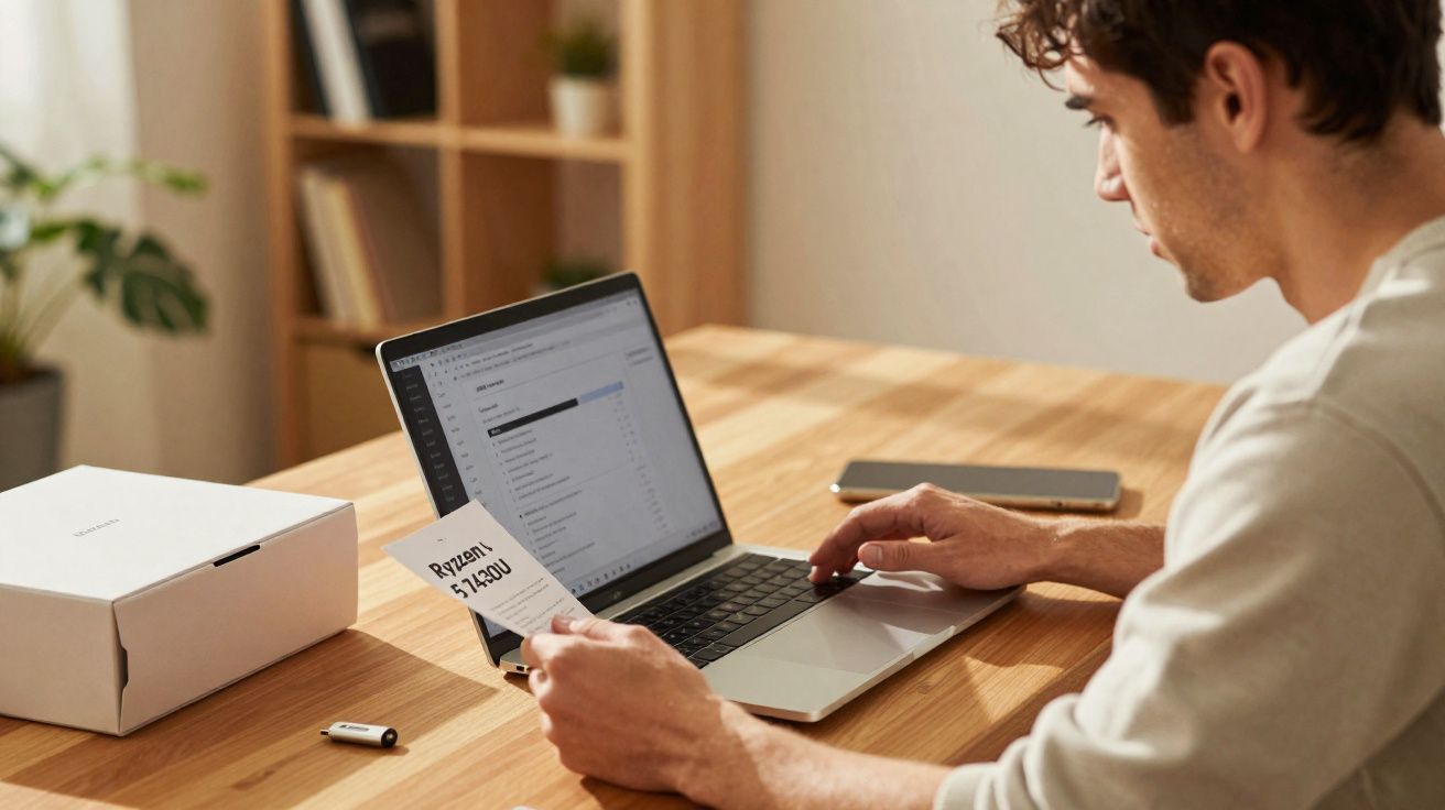 Homem sentado à mesa, usando notebook e segurando nota fiscal de compra.