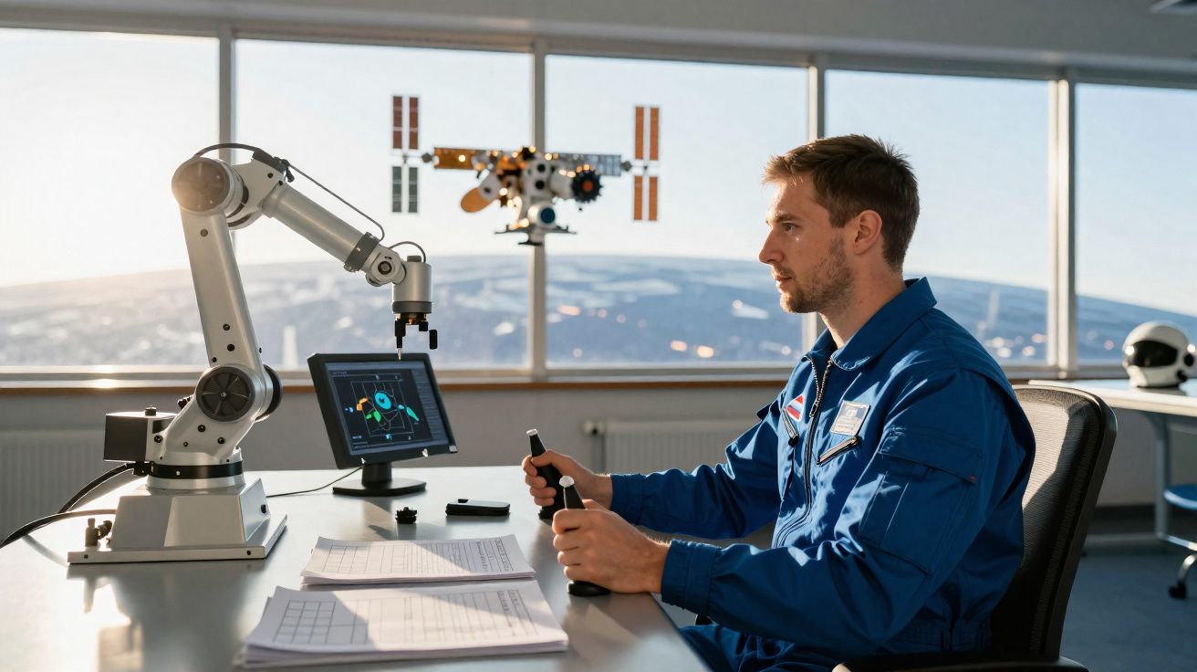 Homem em macacão azul operando braço robótico com controle em sala com janela grande e modelo espaçonave.