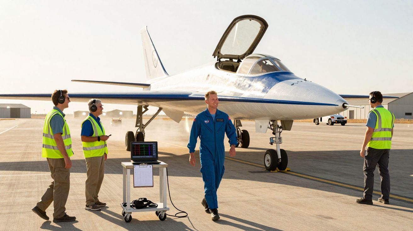 Avião experimental branco com piloto e equipe em pista de aeroporto sob céu claro.