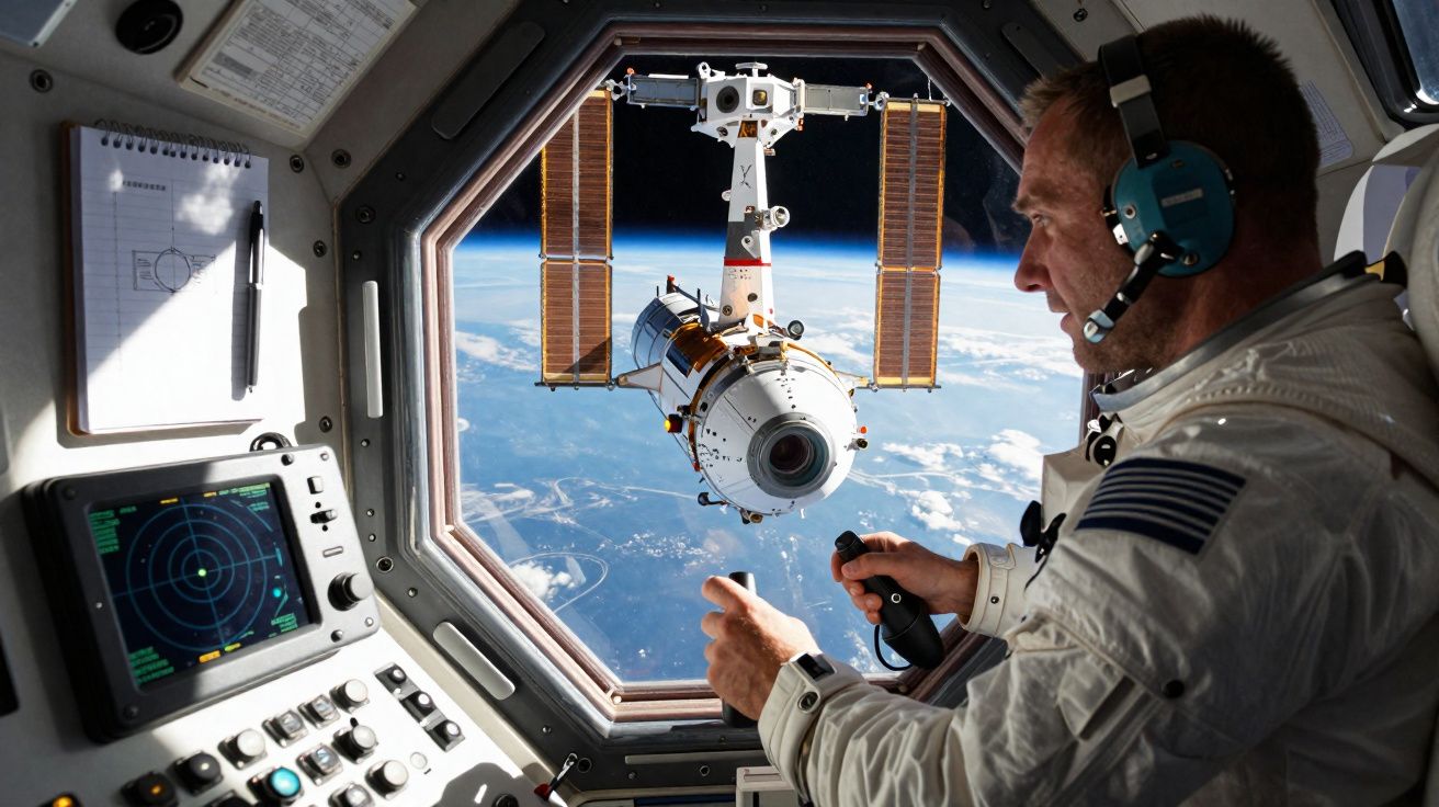 Astronauta operando controles dentro da espaçonave com vista para módulo e Terra ao fundo.