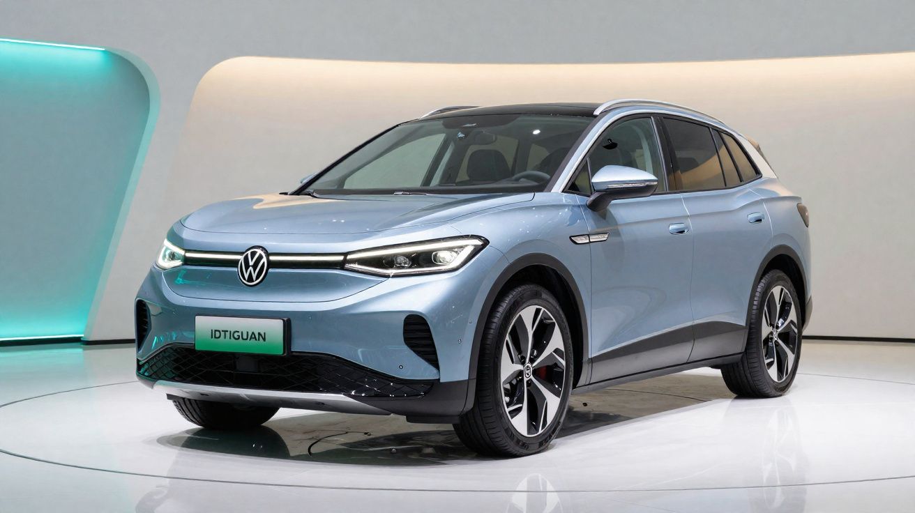Carro elétrico Volkswagen ID.TIGUAN azul em exposição, com design moderno e futurista.