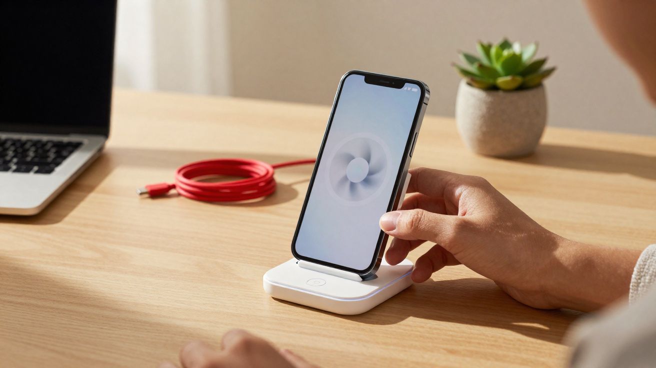 Pessoa segurando smartphone em suporte de carregamento sem fio sobre mesa com laptop e planta.