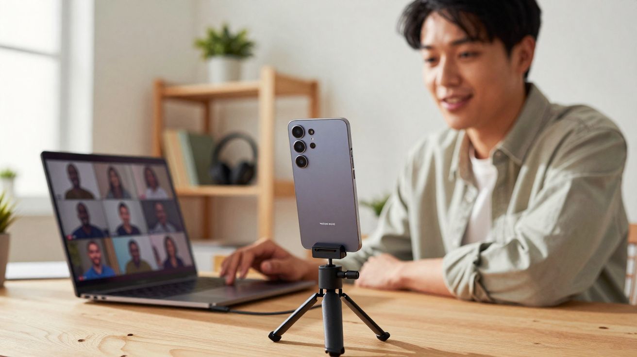 Homem jovem participa de videoconferência usando smartphone em tripé e laptop em mesa de madeira.