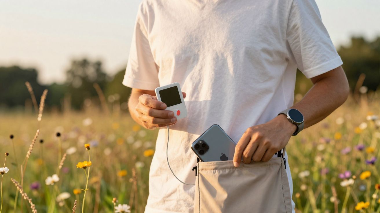 Pessoa segurando dispositivo eletrônico e colocando smartphone em bolsa bege ao ar livre, campo florido ao fundo.