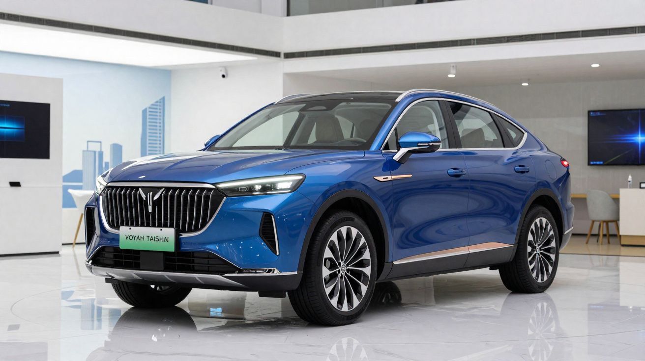 Carro azul elétrico Voyah Taishan em showroom moderno com piso branco e iluminação interna.