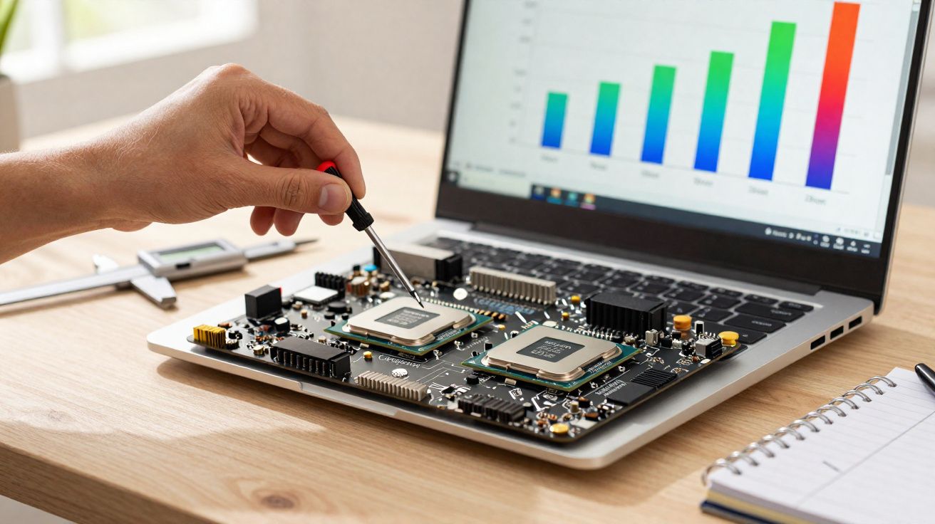 Mão segurando ferramenta sobre placa-mãe posicionada em notebook com gráfico colorido na tela.