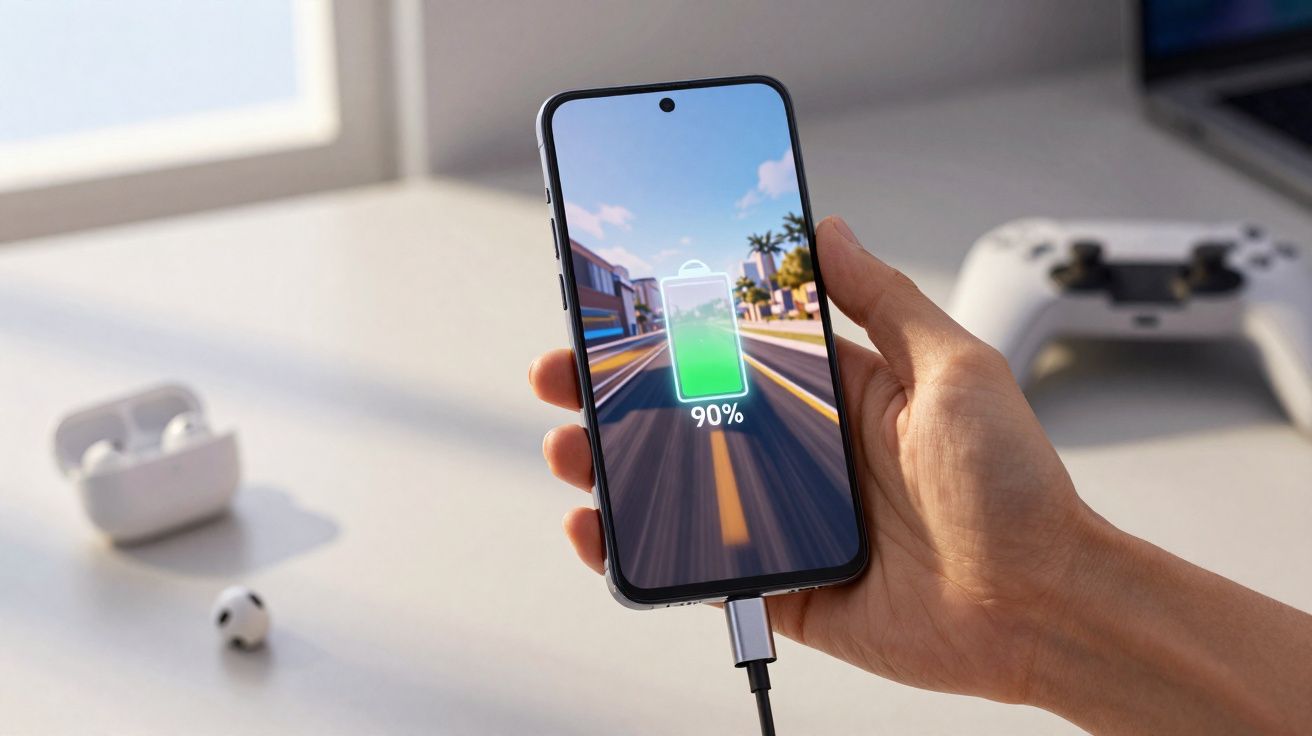 Mão segurando smartphone com tela indicando bateria 90% e carregando, sobre mesa com fones e controle de videogame.