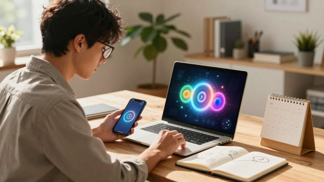 Pessoa sentada à mesa usando laptop e celular com gráficos digitais coloridos na tela.