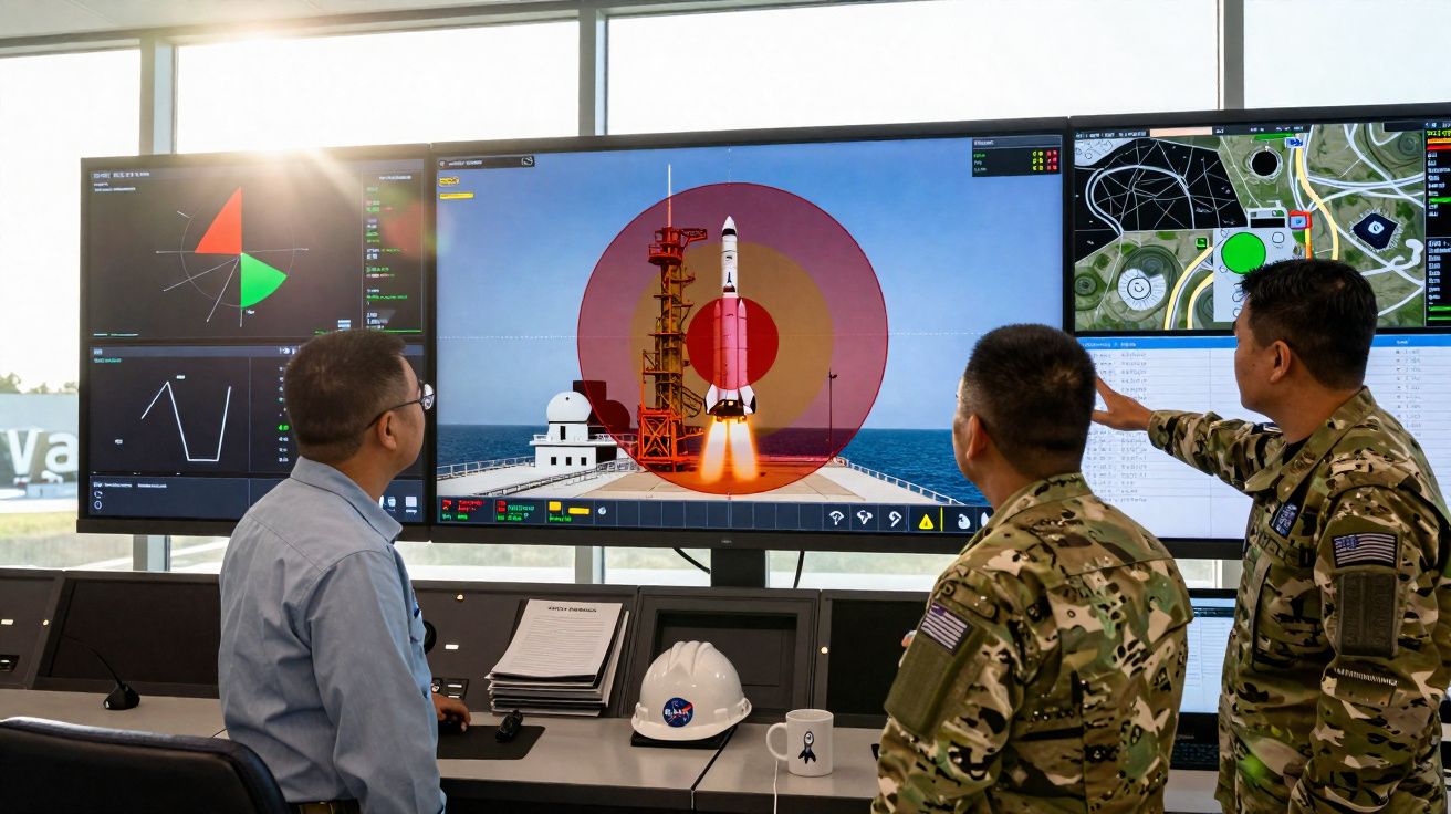 Três homens observam telas com dados e lançamento de foguete em centro de controle da NASA.