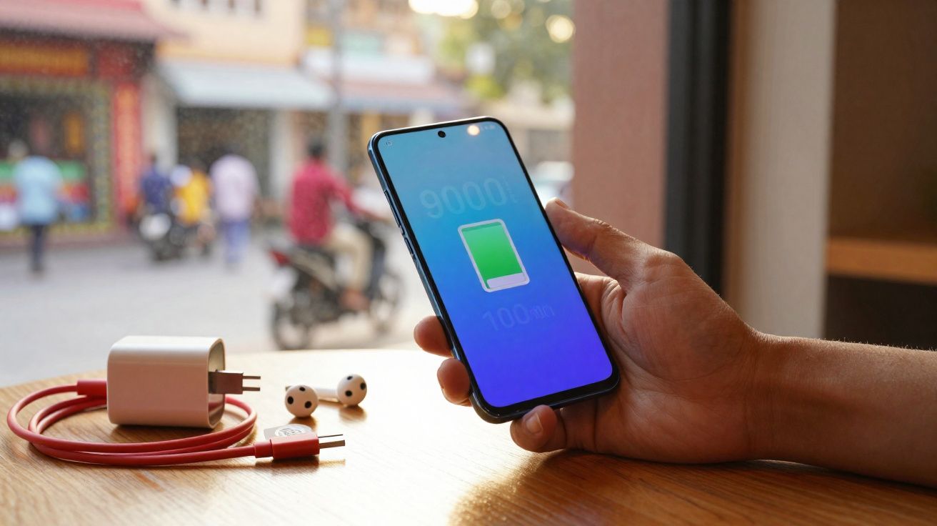 Mão segurando celular com bateria carregada a 100%, carregador e fones sem fio sobre mesa de madeira.