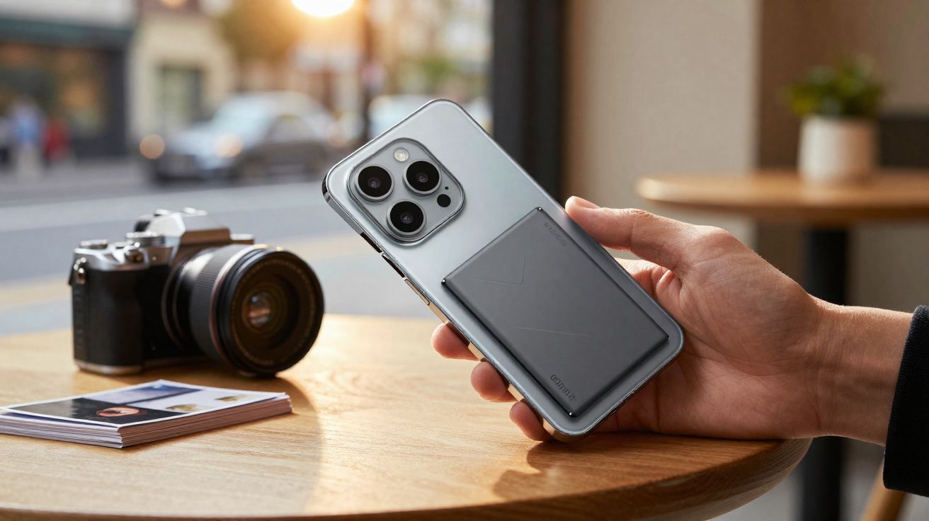 Pessoa segurando celular prateado com carteira cinza acoplada, sobre mesa com câmera e fotos desfocadas.