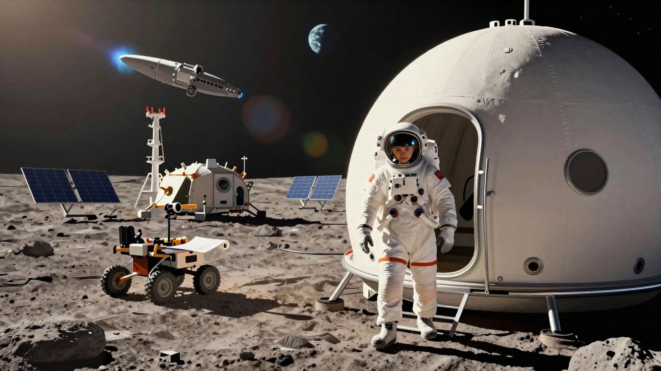 Astronauta em traje espacial descendo de módulo lunar esférico com veículos e Terra ao fundo.