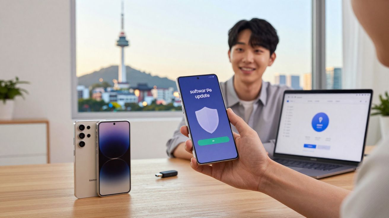 Pessoa segurando smartphone com atualização de software em tela, homem sorrindo ao fundo e laptop aberto em mesa.