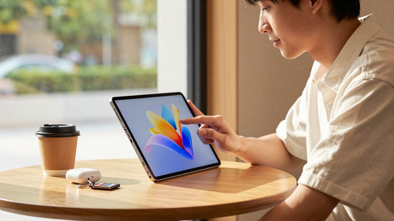 Pessoa usando tablet em mesa com copo de café e fones no estojo, em ambiente iluminado por janela.