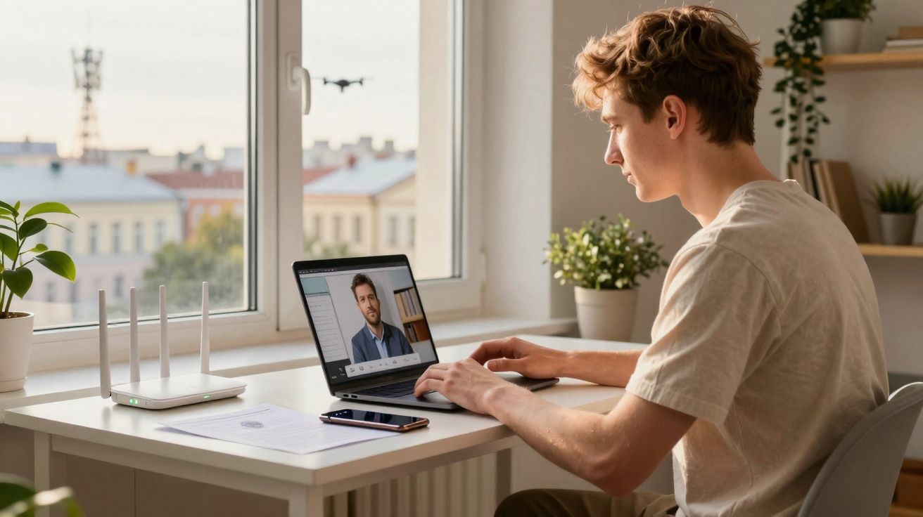 Jovem participando de videoconferência no laptop em mesa perto de janela com drone voando do lado externo.