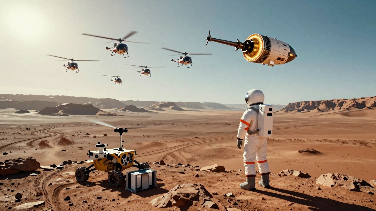 Astronauta observa módulo espacial e helicópteros voando sobre paisagem desértica e rochosa.