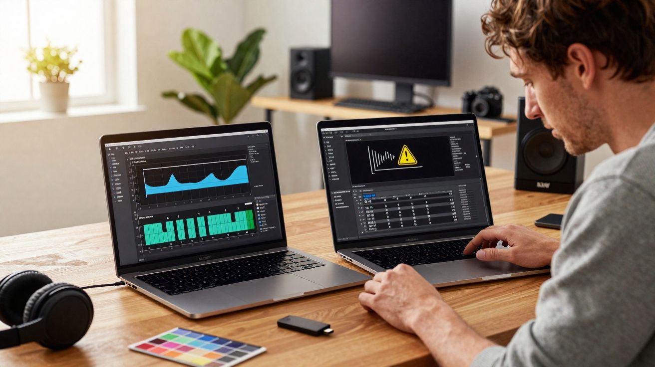 Homem trabalhando com dois laptops em mesa, editando gráficos e tabelas em ambiente iluminado.