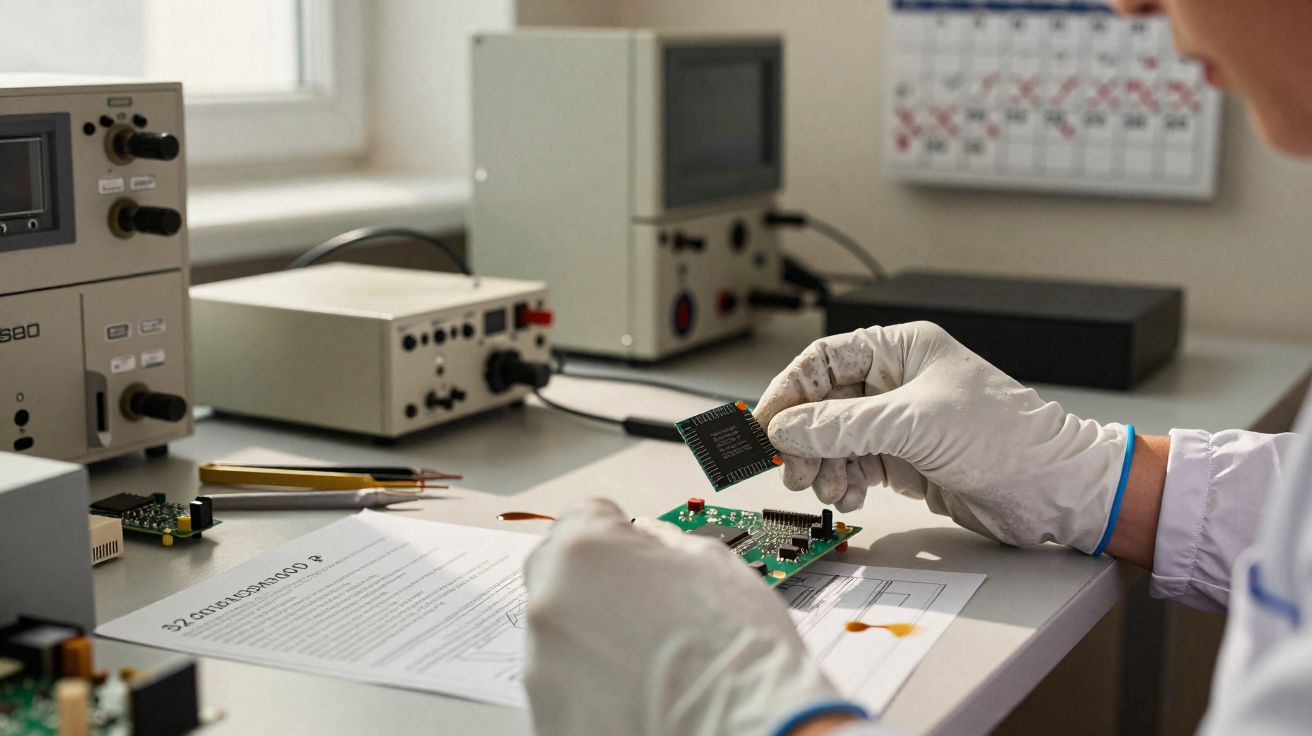 Pessoa com luvas manipulando chip eletrônico em bancada de laboratório com equipamentos e documentos técnicos.